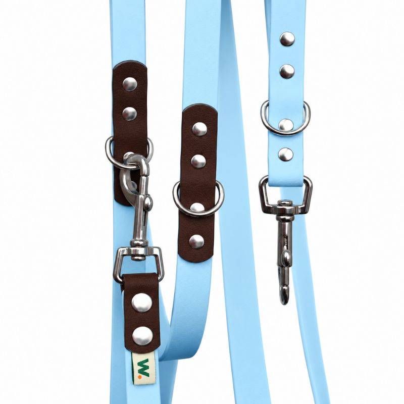 Sky blue and brown multi-position dog leash - Waf & Co | Waf & Co