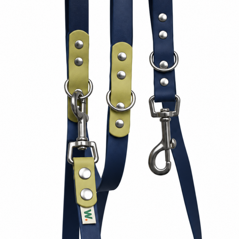 Navy blue and khaki multi-position dog leash - Waf & Co | Waf & Co