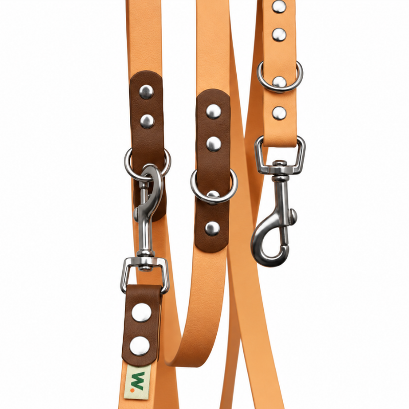 Orange and brown multi-position dog leash - Waf & Co | Waf & Co